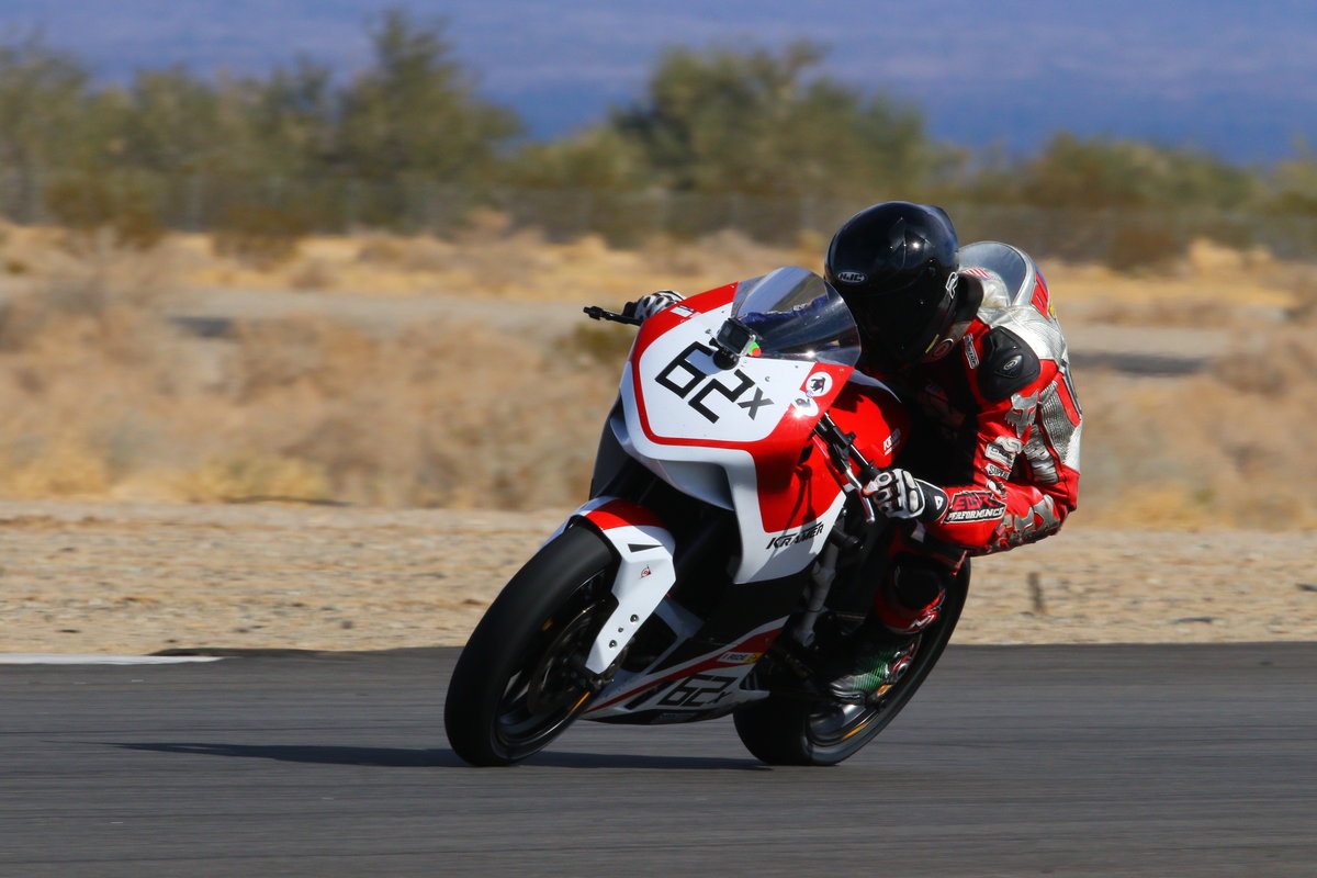 Andy DiBrino Chuckwalla Valley motorcycle association Sunday, riding Kramer USA KTM motorcycle on a brand new pair of Dunlop tires, as well as some VP Racing MR12 race fuel on his way to a second track record.