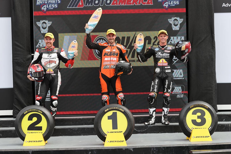 Andy DiBrino on the podium with the win at Daytona Super Hooligans motorcycle racing