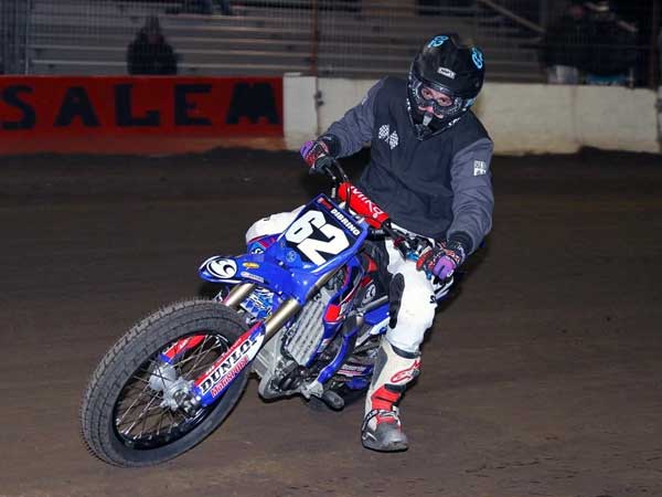 Andy DiBrino flat track motorcycle racing at Salem Speedway  on a 450 cc. 