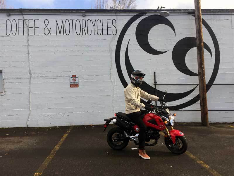 Andy DiBrino pictured on his new Honda Grom visiting See See Motorcycles in Portland