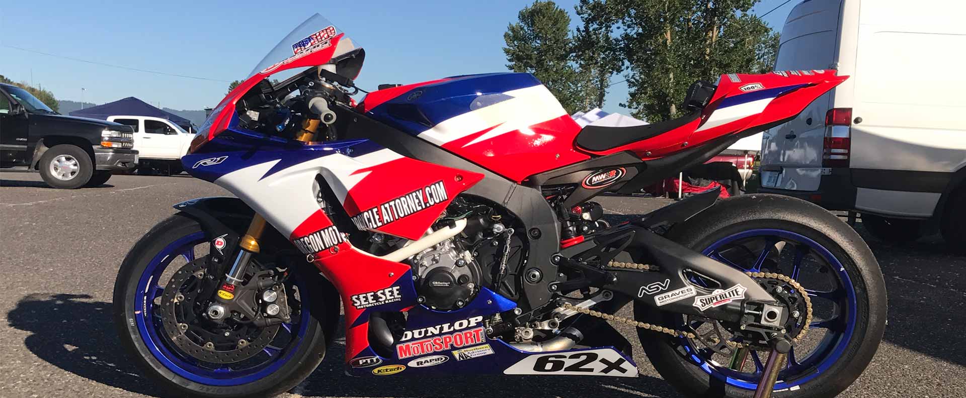 Andy DiBrino Racing R1 motorcycle backed by Oregon Motorcycle Attorney before his crash at  OMRRA round 3 PIR Portland International Raceway