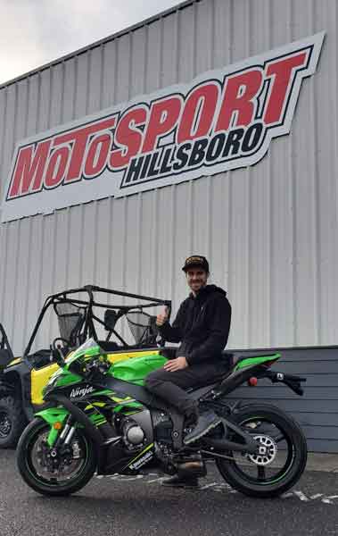 Andy DiBrino on his new Kawasaki ZX-10 in front of MotoSport Hillsboro, this bike will be a track day bike and he's prepping another new Kawasawki ZX-10 for road races next year.