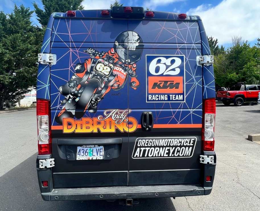 Oregon's own Andy DiBrino motorcycle hauling and racing van proud to be a continued contribugting affiliate of Andy's
