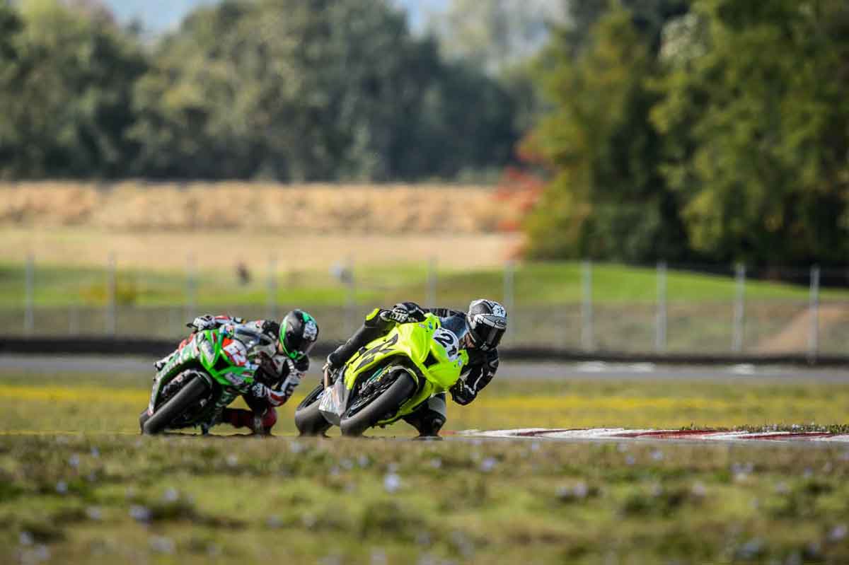 Andy DiBrino and Kevin Pinkstaff dogfight battle for the 1000cc Formula Ultra at Portland International Raceway in the finale of Oregon Motorcycle Road Racing series