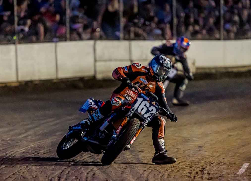 Andy sliding at the Castle Rock TT American Flat Track race in production twins in August.