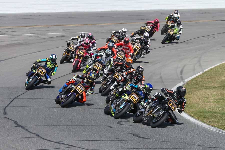 Andy DiBrino at the front of a 10 rider battle drafting and battling for the front at Daytona Super Hooligans