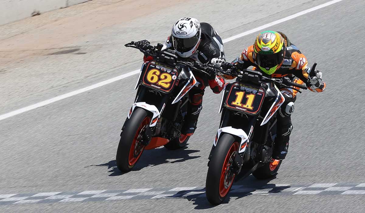 Andy DiBrino and Chris Filmore both racing KTM 890 Duke R motorcycles in round one of Super Hooligan National Championships, photo close finish after Andy lead the whole race, great riding.