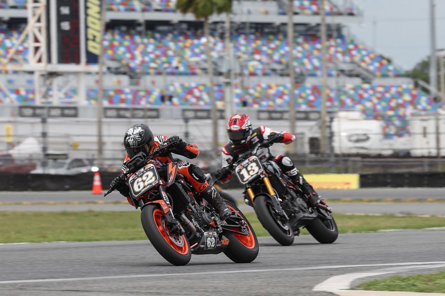 Andy DiBrino Racing at Daytona Super Hooligans on his KTM 890R Duke in a battle with Cory West
