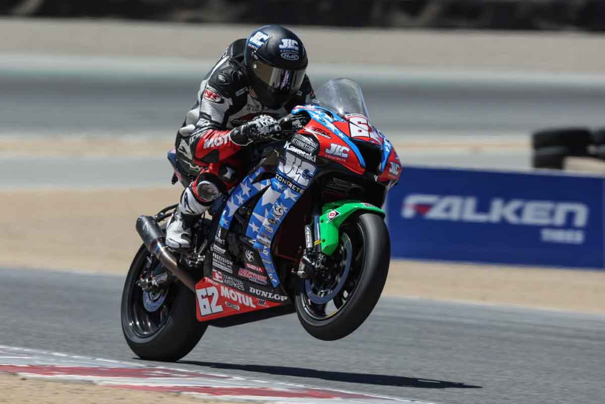 Andy DiBrino superbike race motoamerica at Laguna Seca with the motorcycle engine expiring and a rough go on the track