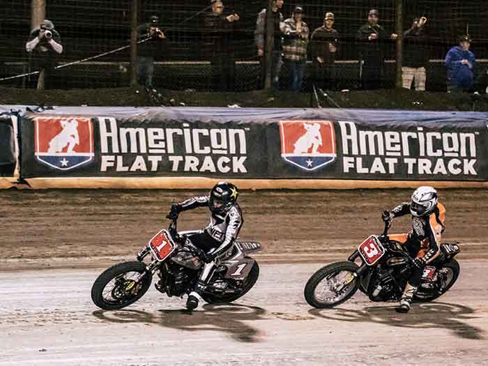 Andy DiBrino  and Joe Kopp battle it out on the track Super Hooligan flat track motorcycle race