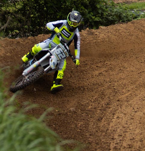 Andy training at his Oregon home and neighbor's track digging in hard shredding the turn
