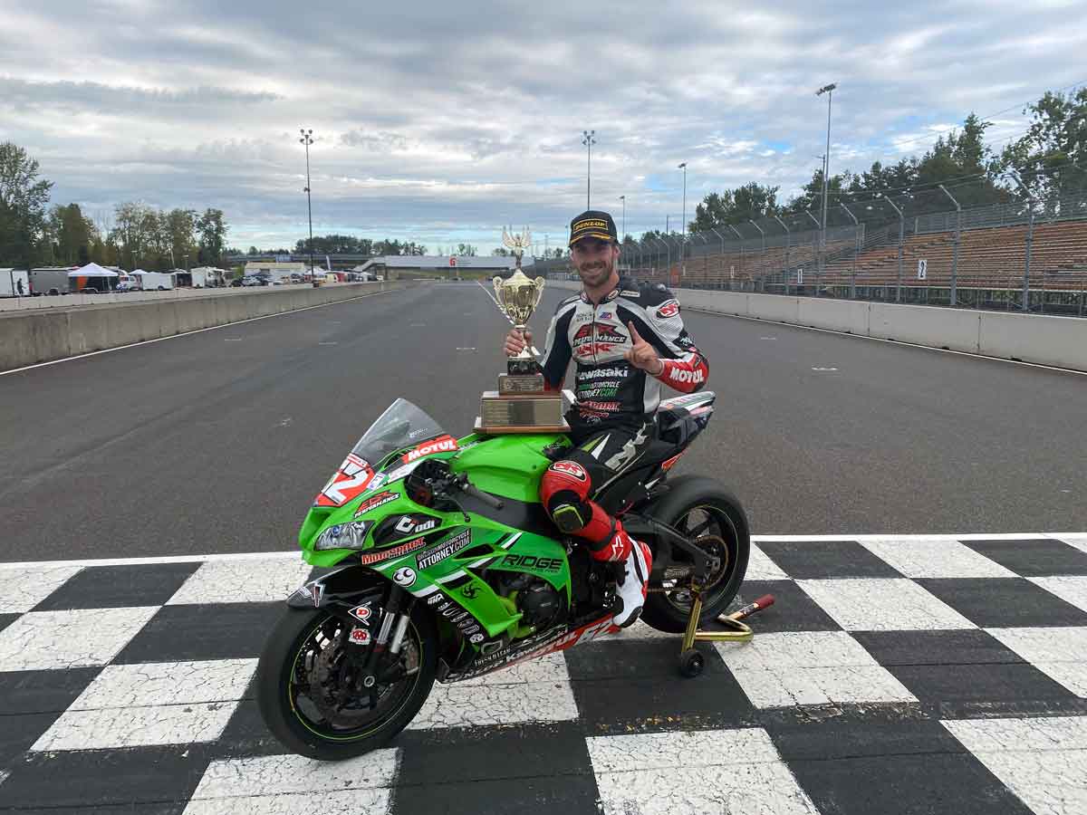 Andy DiBrino on his powerful EDR Performance 1000cc beast Kawasaki ZX-10R wins the #1 plate in the Oregon Motorcycle Road Racing Association series at Portland International Raceway.