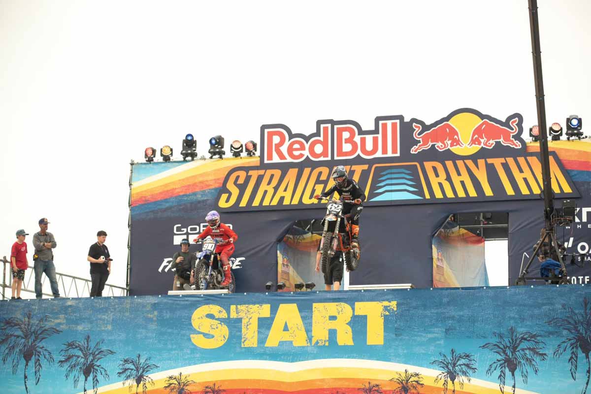 Andy at the start of the Red Bull Straight Rhythm race on board a 125 cc two stroke motorcycle