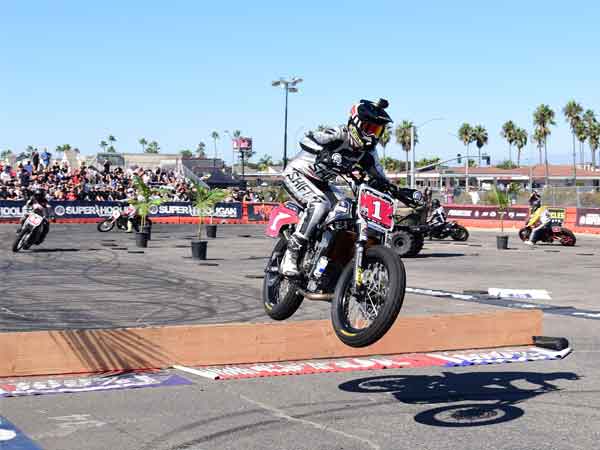 Oregon's own Andy DiBrino wins first ever Nitro World Games RSD Super Hooligan Flat Track Race on the podium after the race.