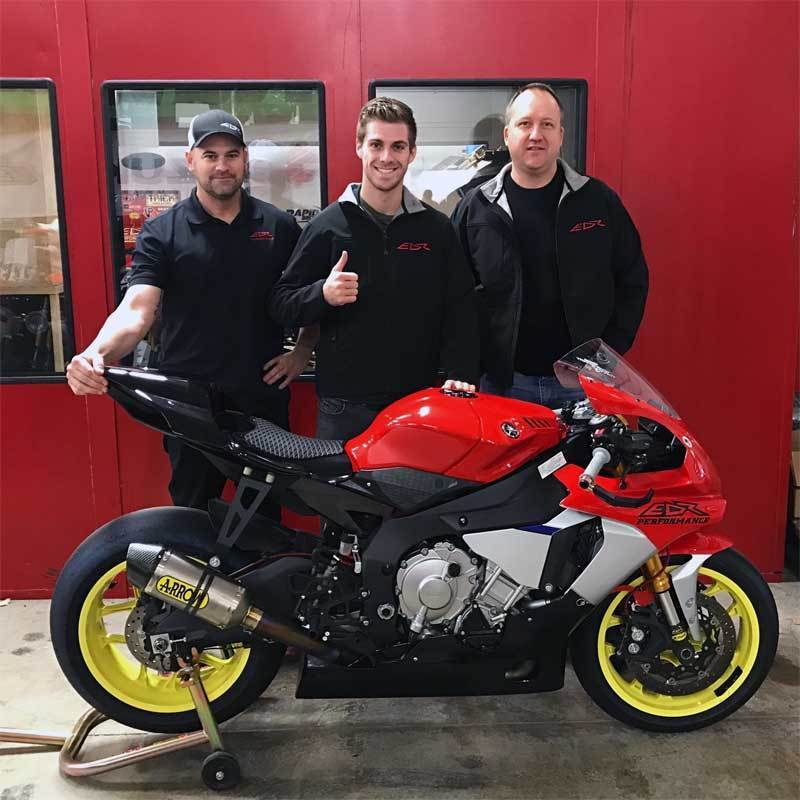 Andy DiBrino pictured with Eric Dorn EDR Performance and Oregon Motorcycle Attorney Mike Colbach wih The new 2016 Yamaha R1
